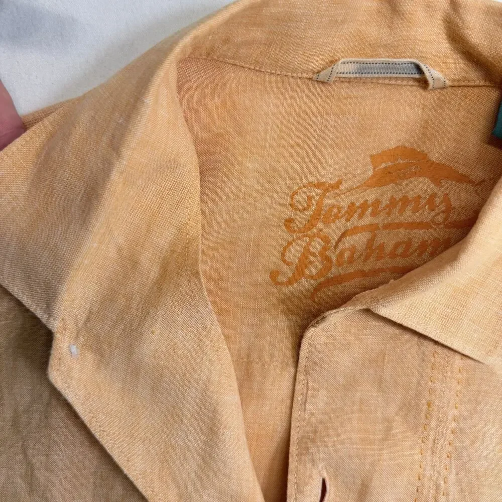Tommy Bahama Mens Medium 100% Linen Camp Shirt Peach Embroidered Short Sleeve